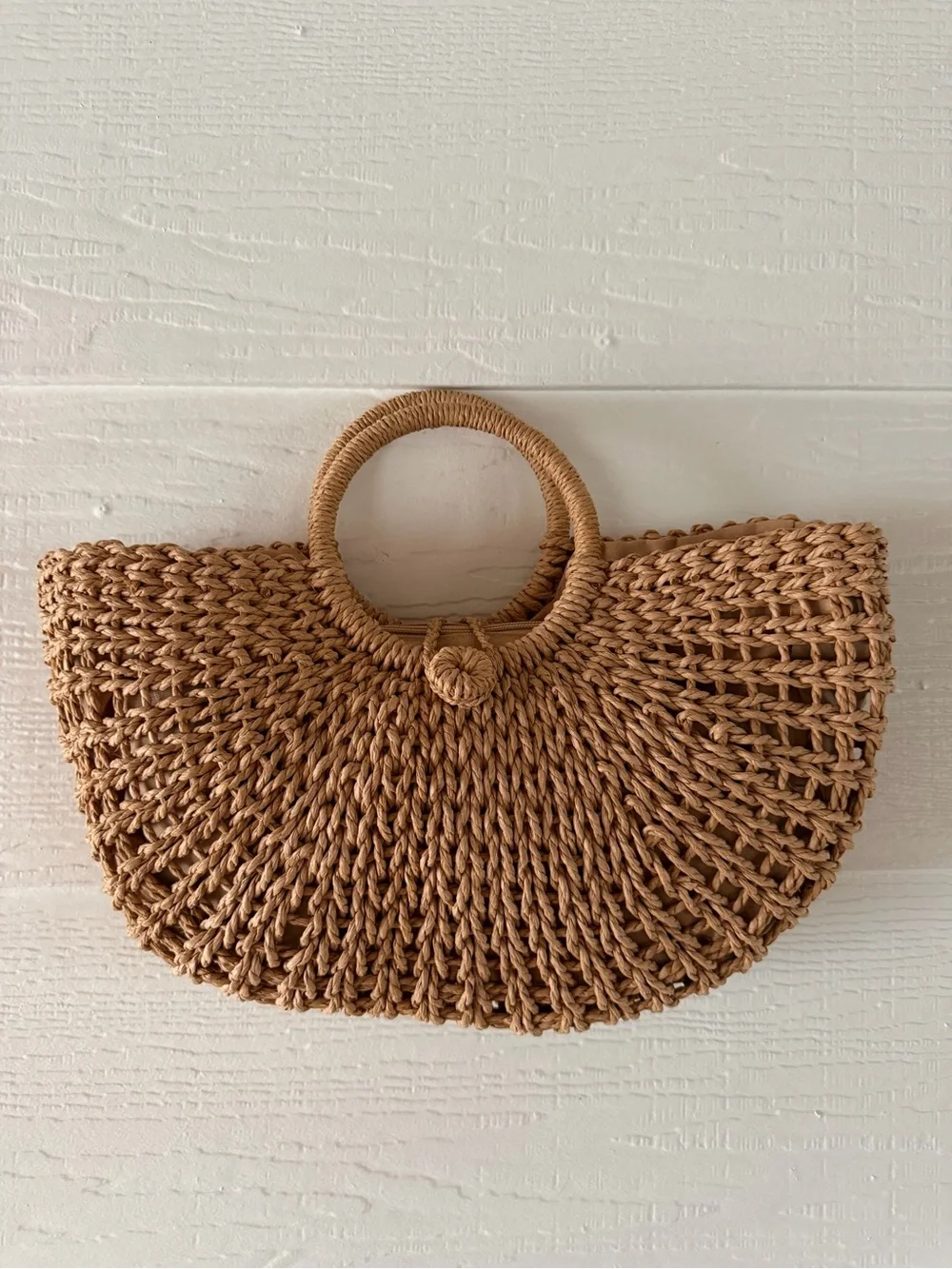 Natural Raffia Woven Circle Handle Tote Bag Beach Purse Boho